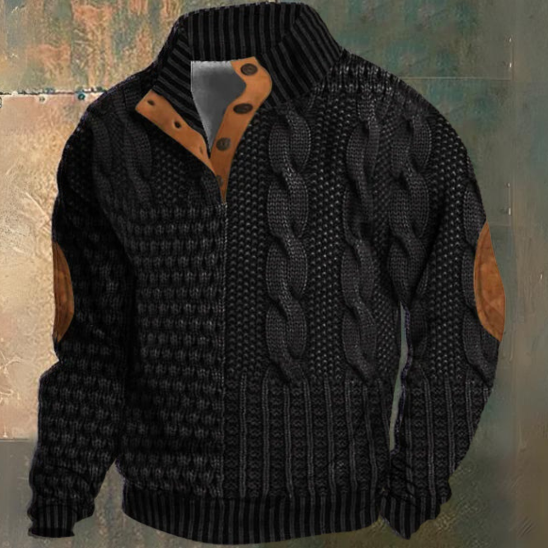 Men's Cable Knit Sweater, Mock Neck, Button Placket