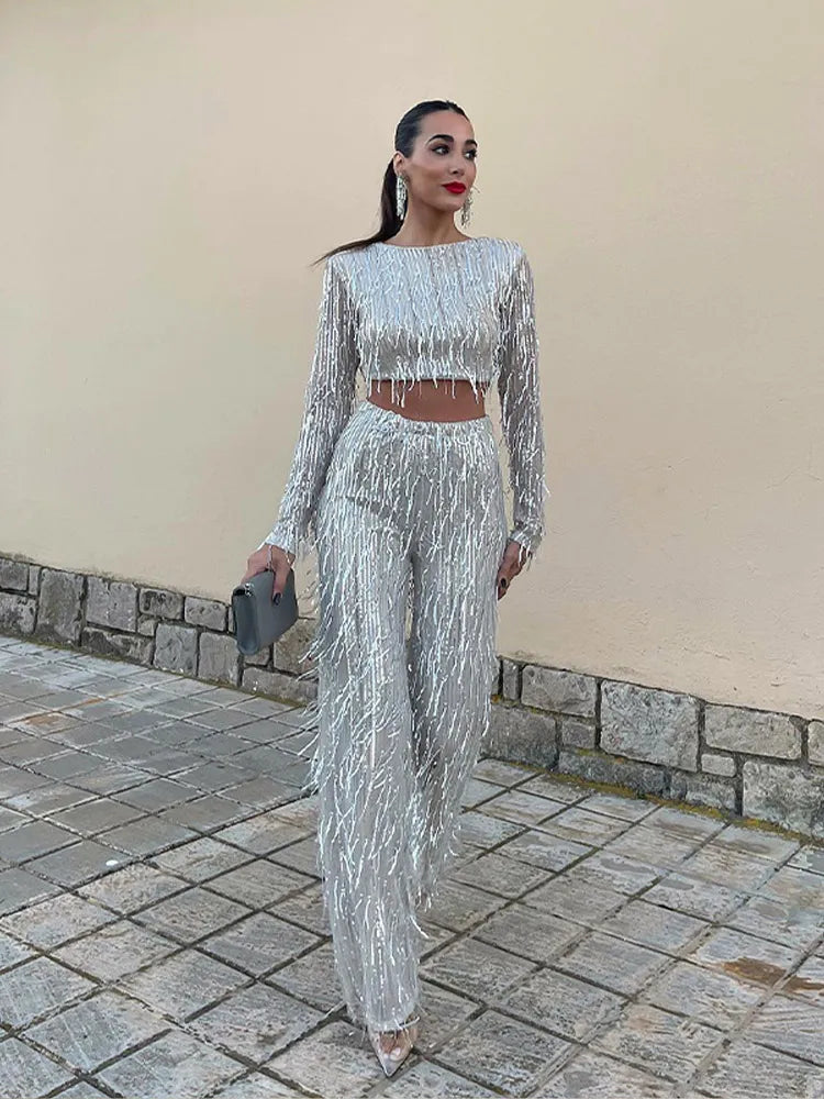 Women's Sequin Two Piece Set with Fringe Detail | Cropped Long Sleeve Top, High Waist Pants | Sizes S to L, 3 Colors