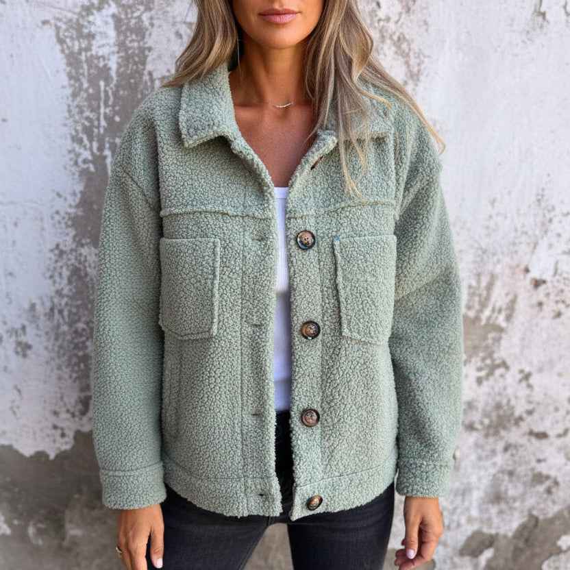Women's Teddy Fleece Shacket with Collar and Chest Pockets