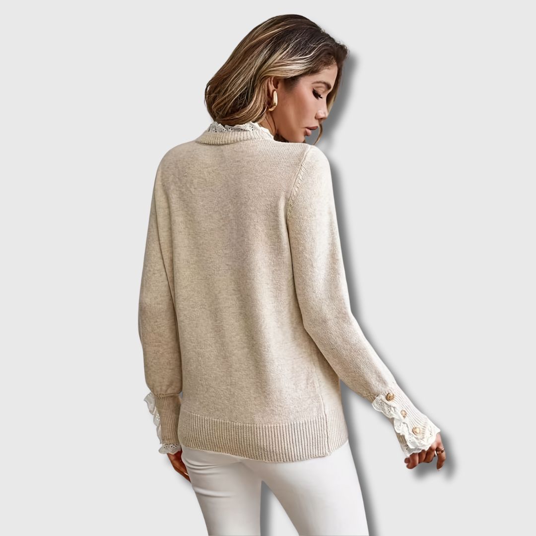 Women's Knit Sweater with Lace Inserts | Long Sleeve Relaxed Pullover for Dinners Out and Family Lunches | Size S-XL, Apricot