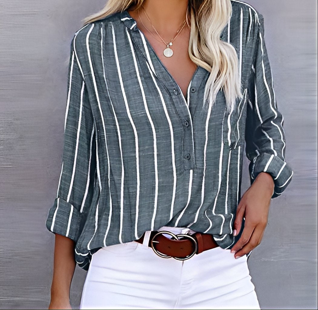 Women's Striped V-Neck Blouse, Long Sleeves, Button Front