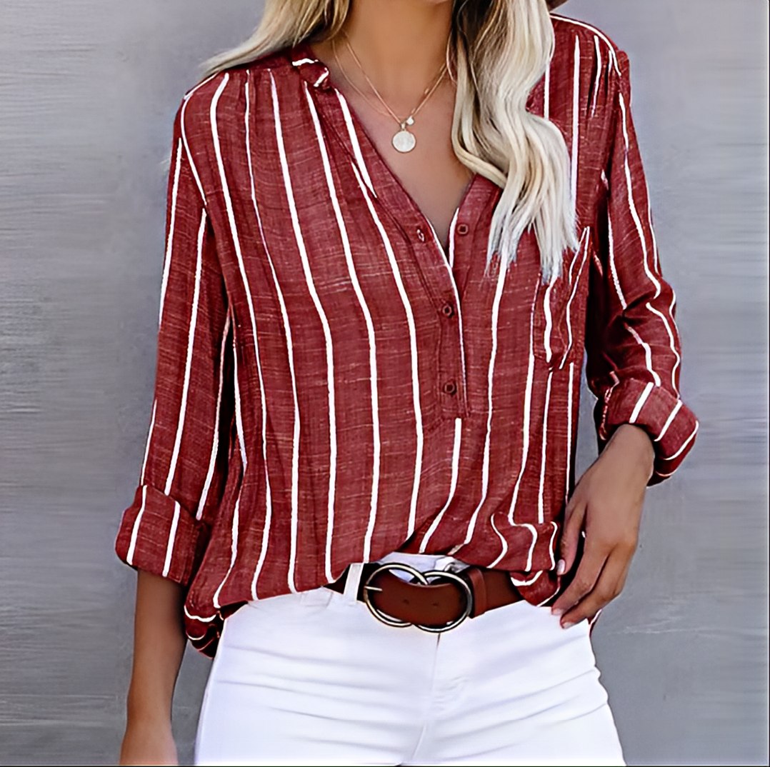 Women's Striped V-Neck Blouse, Long Sleeves, Button Front