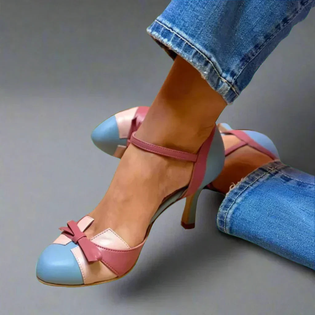 Women's Bow Strap Mid Heel Pumps Colorblock Round Toe