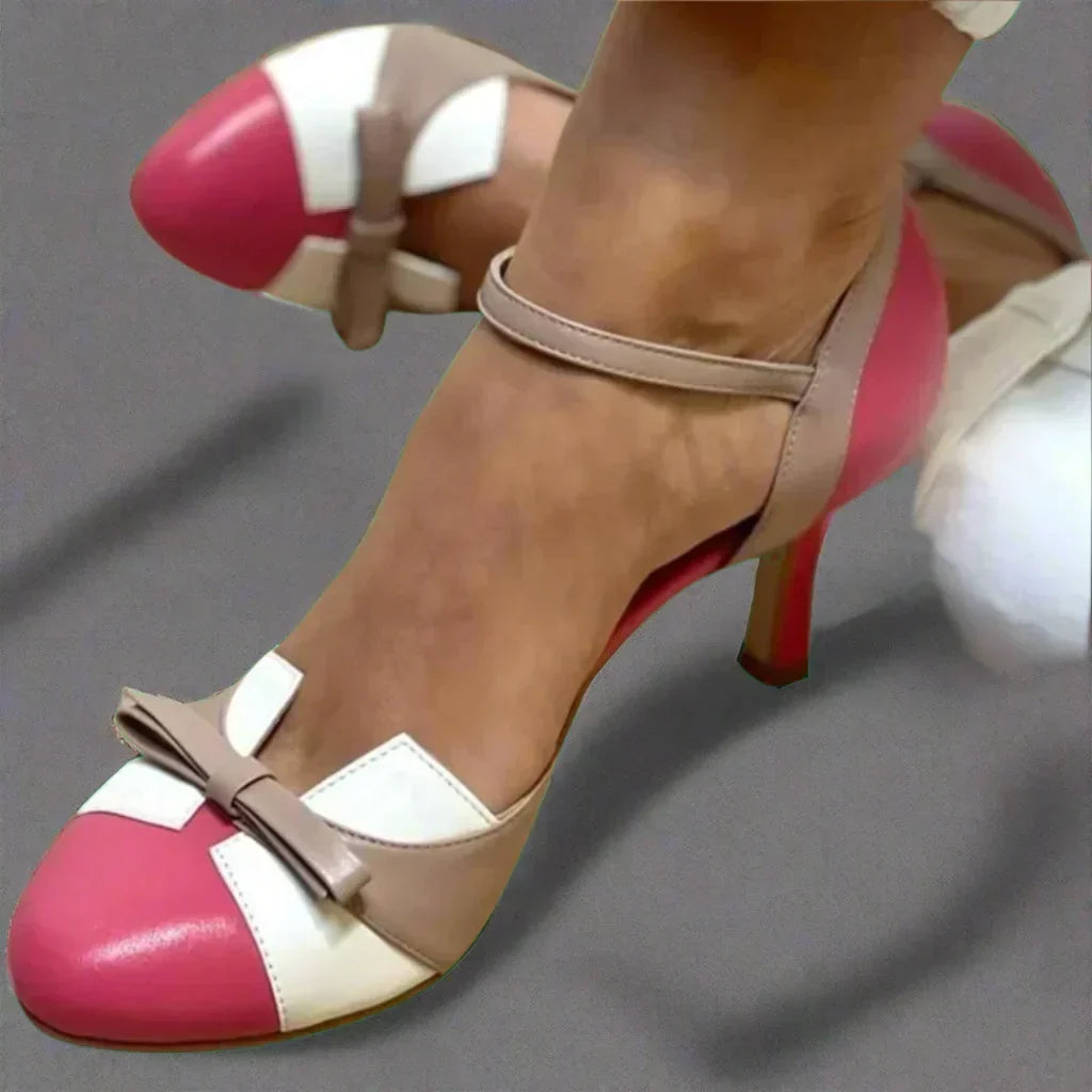 Women's Bow Strap Mid Heel Pumps Colorblock Round Toe