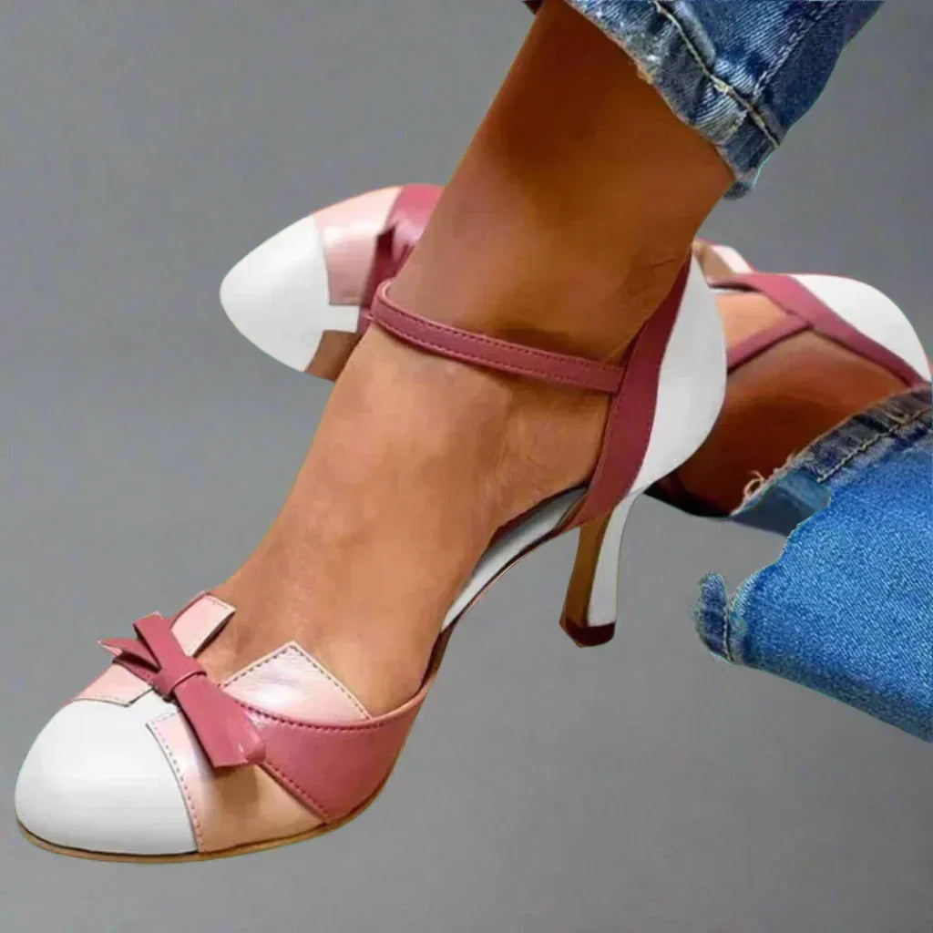 Women's Bow Strap Mid Heel Pumps Colorblock Round Toe