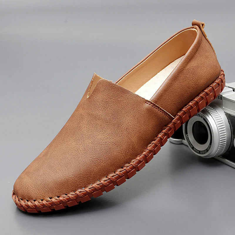 Unisex Slip-On Loafers, Moc Toe, Flat Sole, Stitched Trim