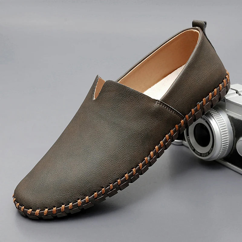 Unisex Slip-On Loafers, Moc Toe, Flat Sole, Stitched Trim