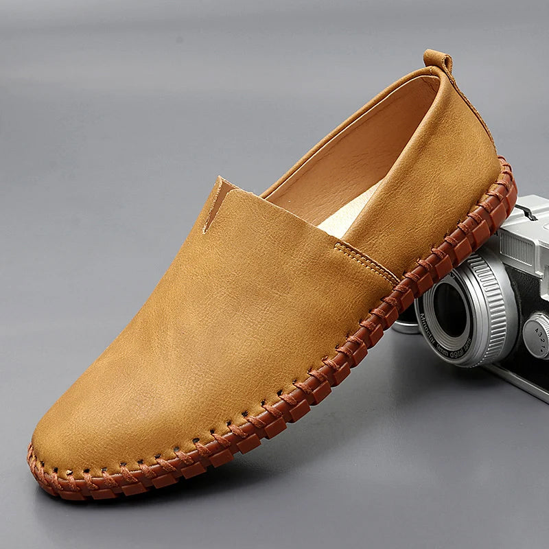 Unisex Slip-On Loafers, Moc Toe, Flat Sole, Stitched Trim