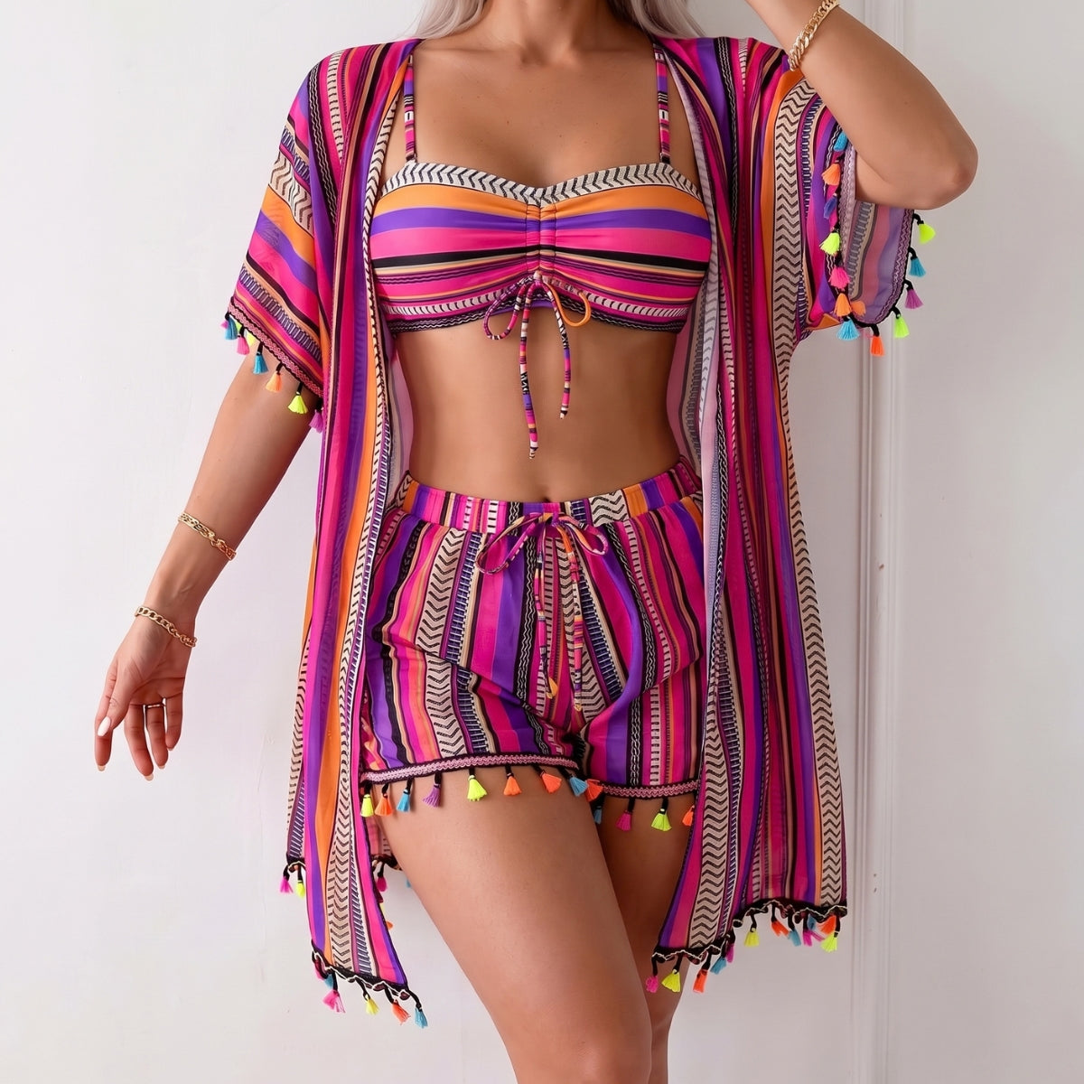 Three-piece swimsuit with resort print