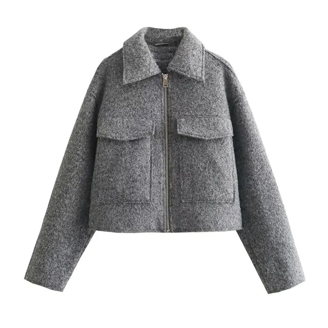 Women's Cropped Jacket with Zip Front and Relaxed Fit