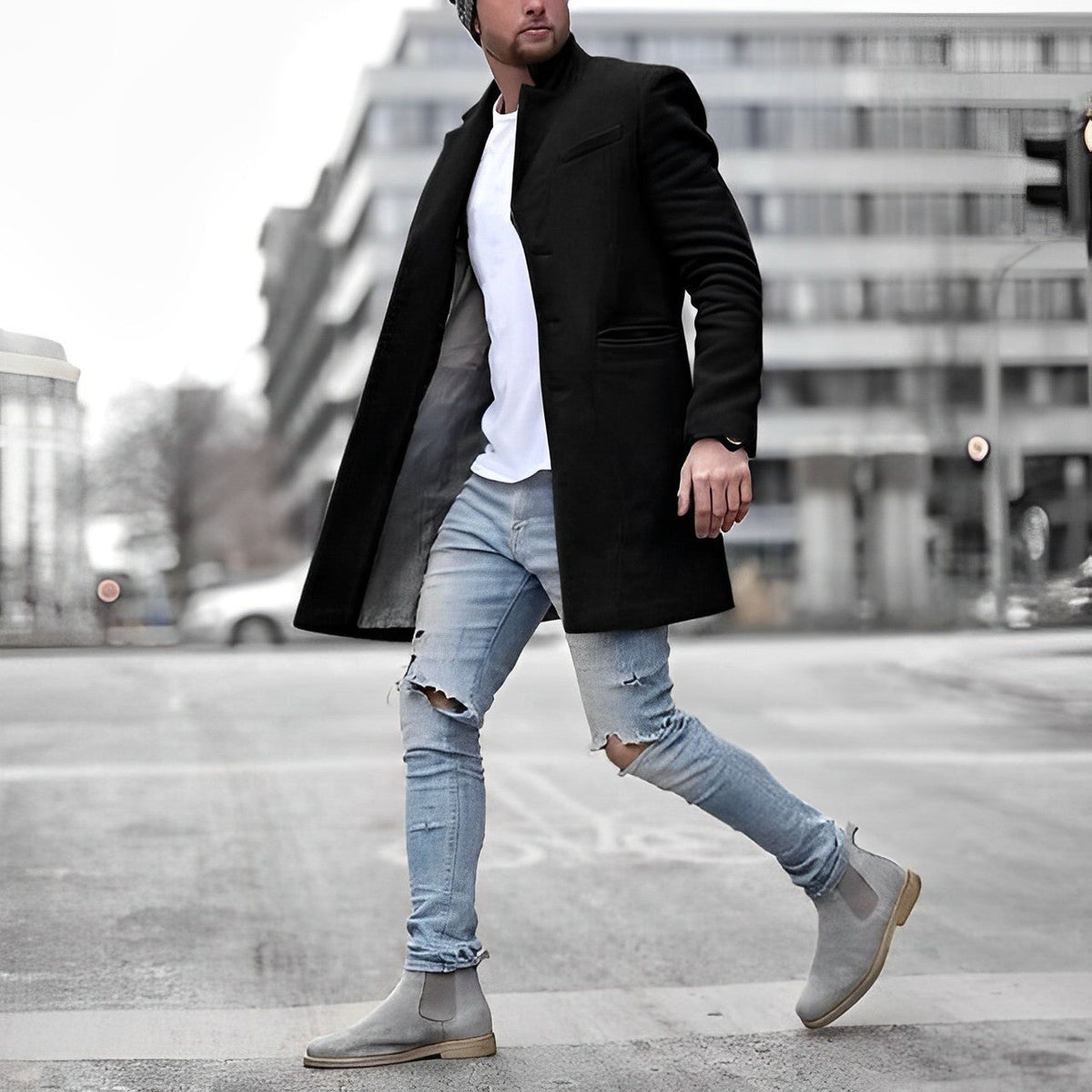 Teddy | Mens Slim-Fit Mid-Length Overcoat | Stand Collar, Welt Pockets, Tailored Look | Gray, Black and Blue XS-3XL