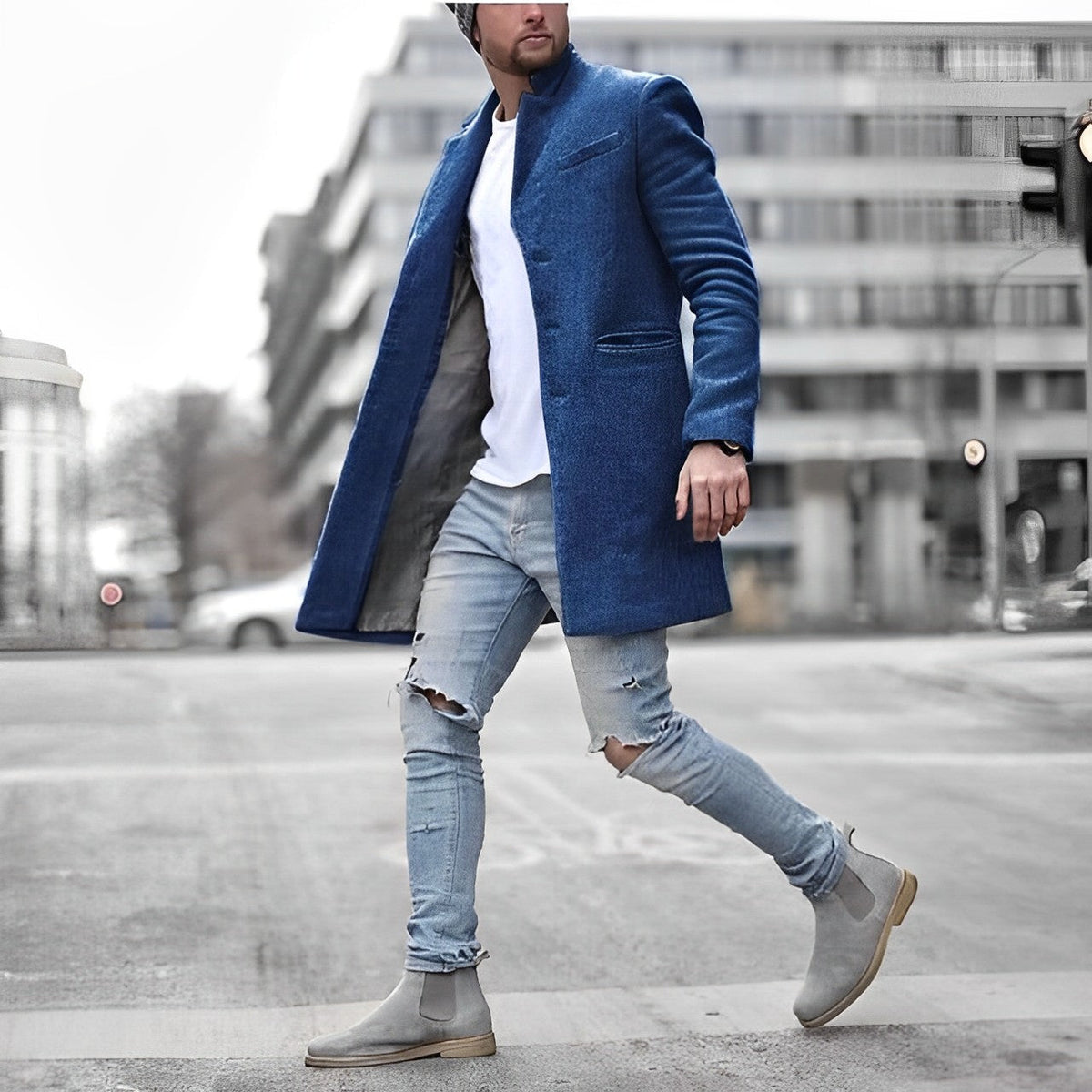 Teddy | Mens Slim-Fit Mid-Length Overcoat | Stand Collar, Welt Pockets, Tailored Look | Gray, Black and Blue XS-3XL