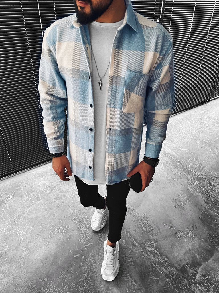 Men's Blue Plaid Button-Up Overshirt, Long Sleeves, Pocket