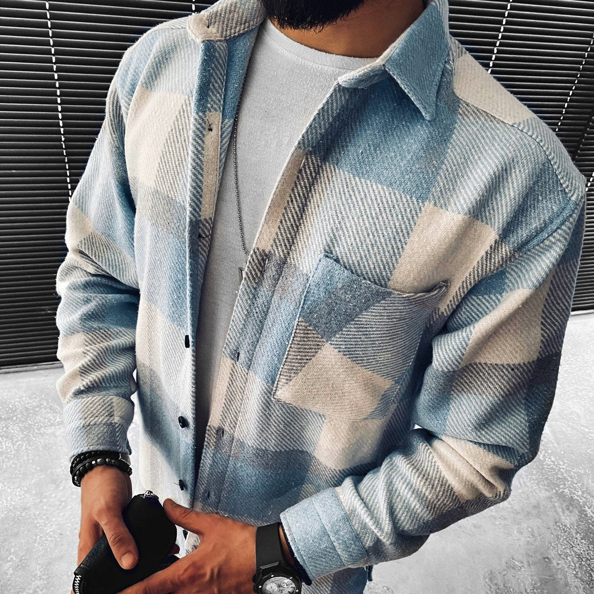Men's Blue Plaid Button-Up Overshirt, Long Sleeves, Pocket