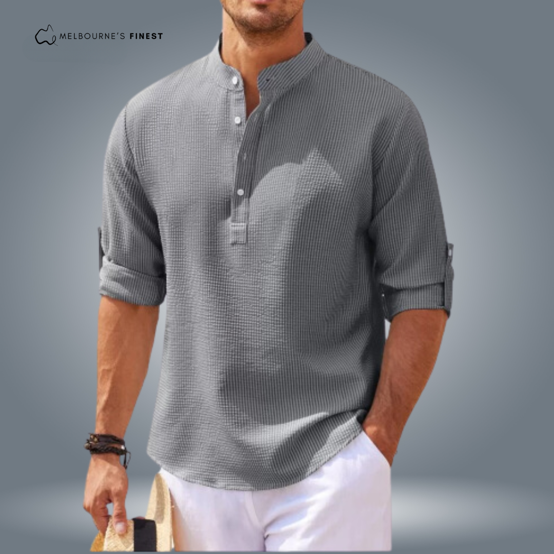Men's Textured Mandarin Collar Shirt, Button Placket, Long Sleeves