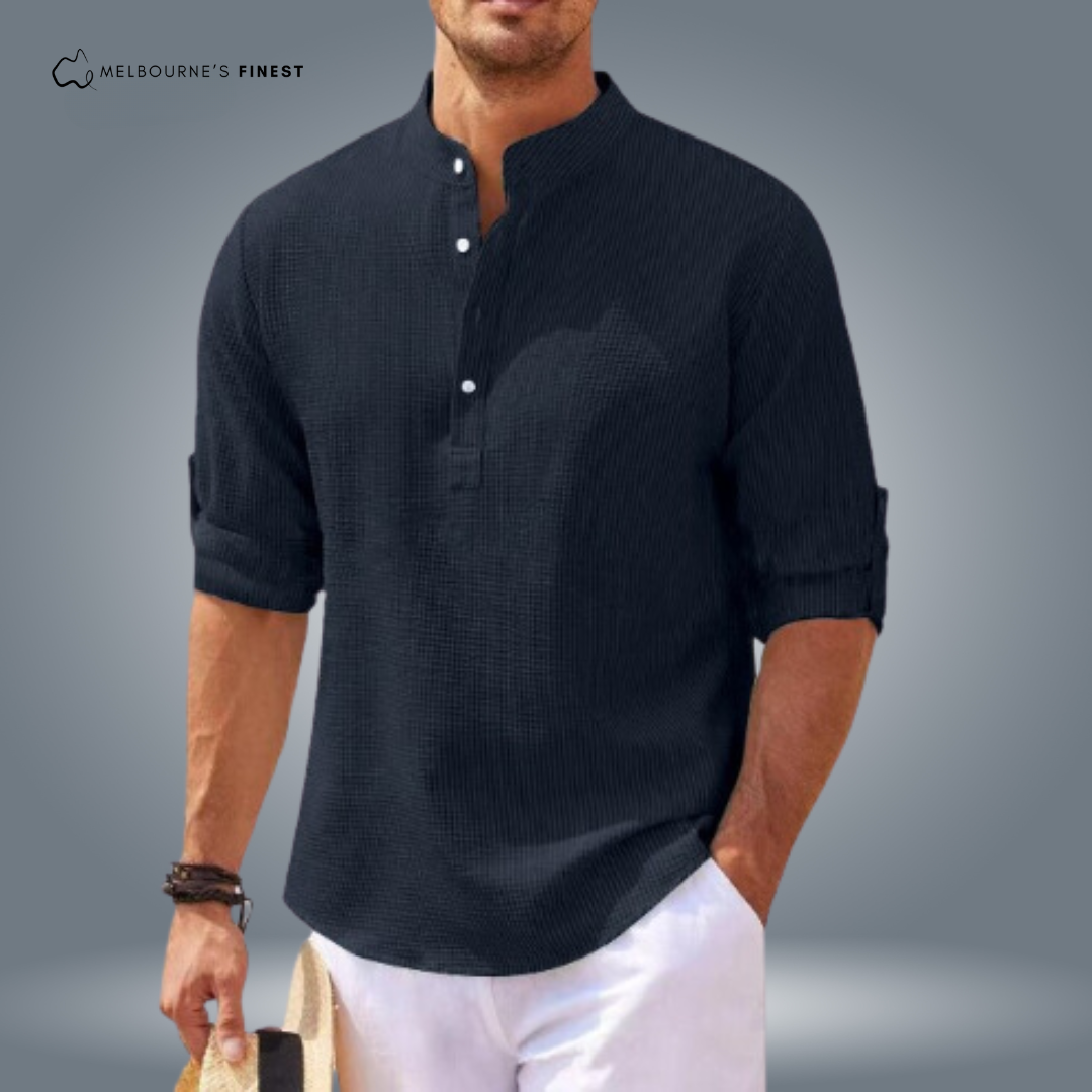 Men's Textured Mandarin Collar Shirt, Button Placket, Long Sleeves