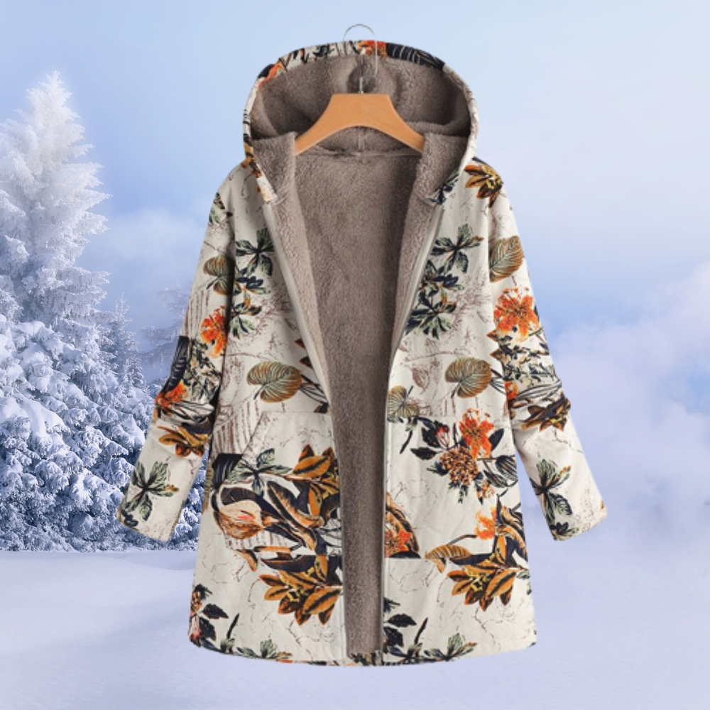 Women's Coat with Hood and Floral Print | Lining | For Winter | Size S-5XL