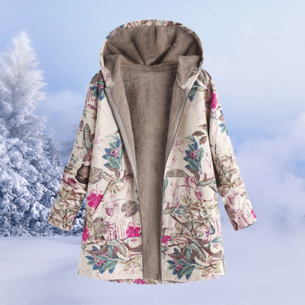 Women's Coat with Hood and Floral Print | Lining | For Winter | Size S-5XL