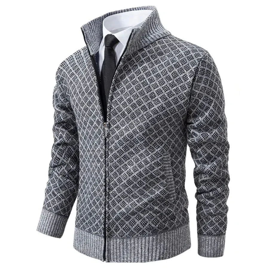 Men's Diamond Jacquard Zip Cardigan, Mock Neck, Long Sleeves