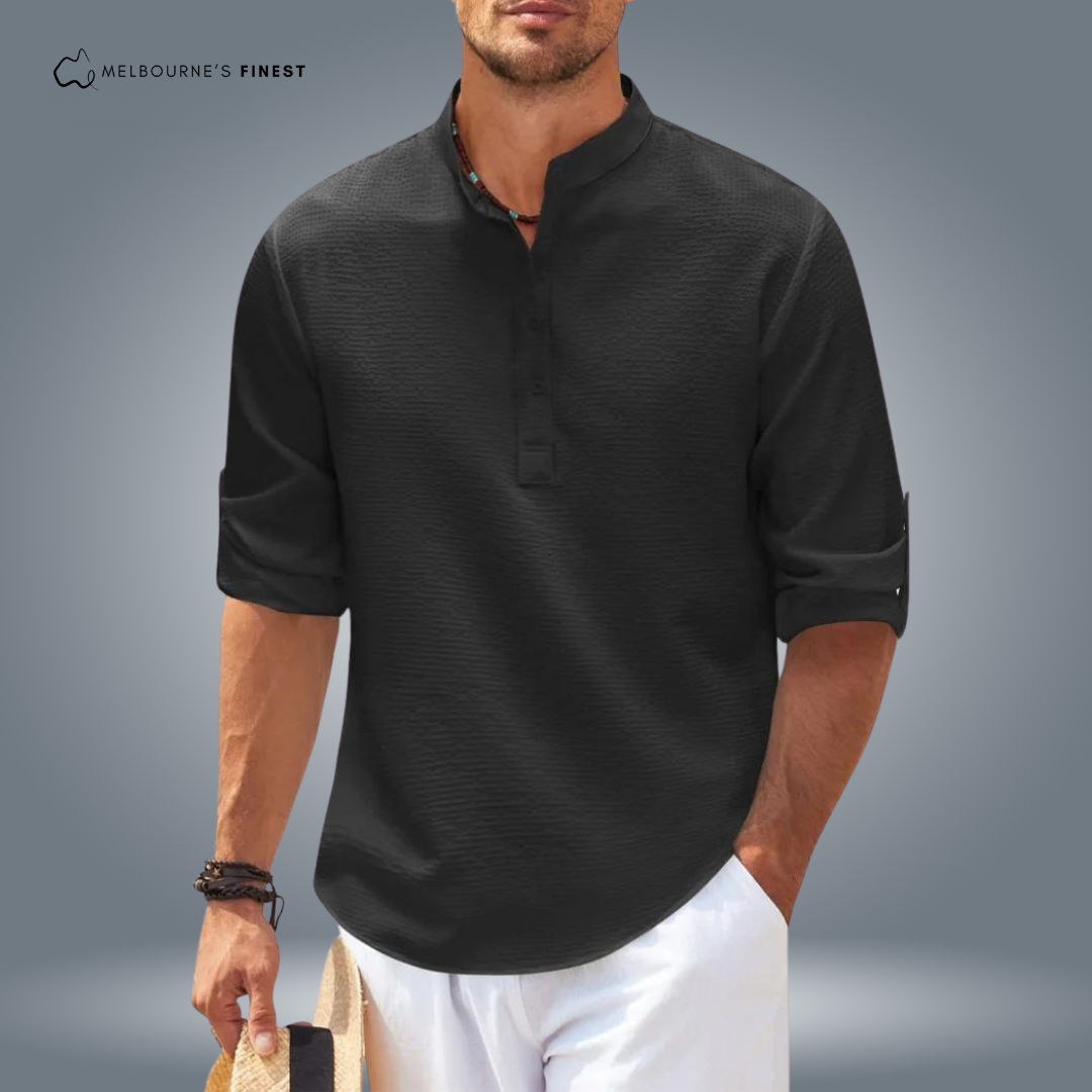Men's Textured Mandarin Collar Shirt, Button Placket, Long Sleeves