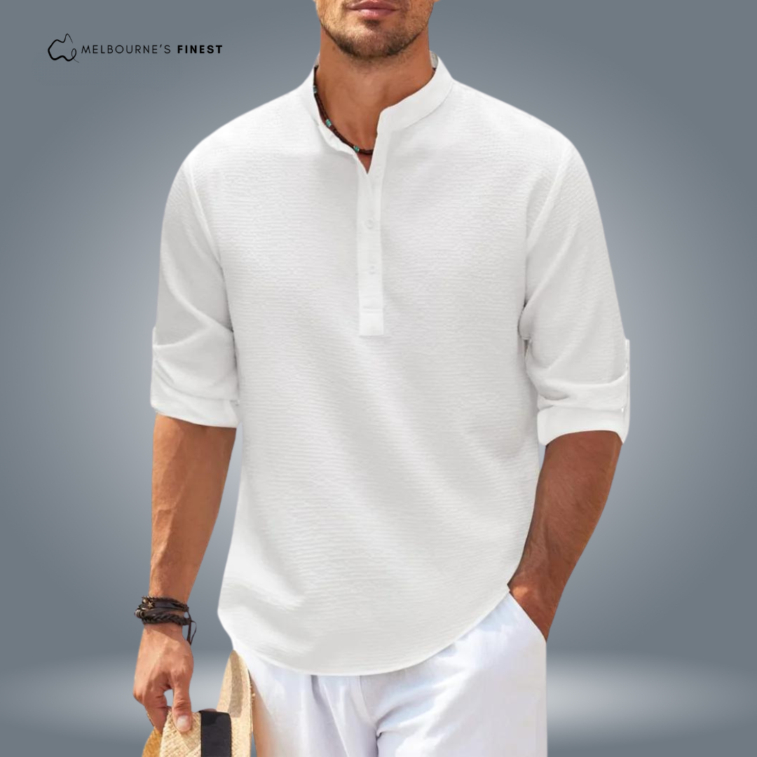 Men's Textured Mandarin Collar Shirt, Button Placket, Long Sleeves