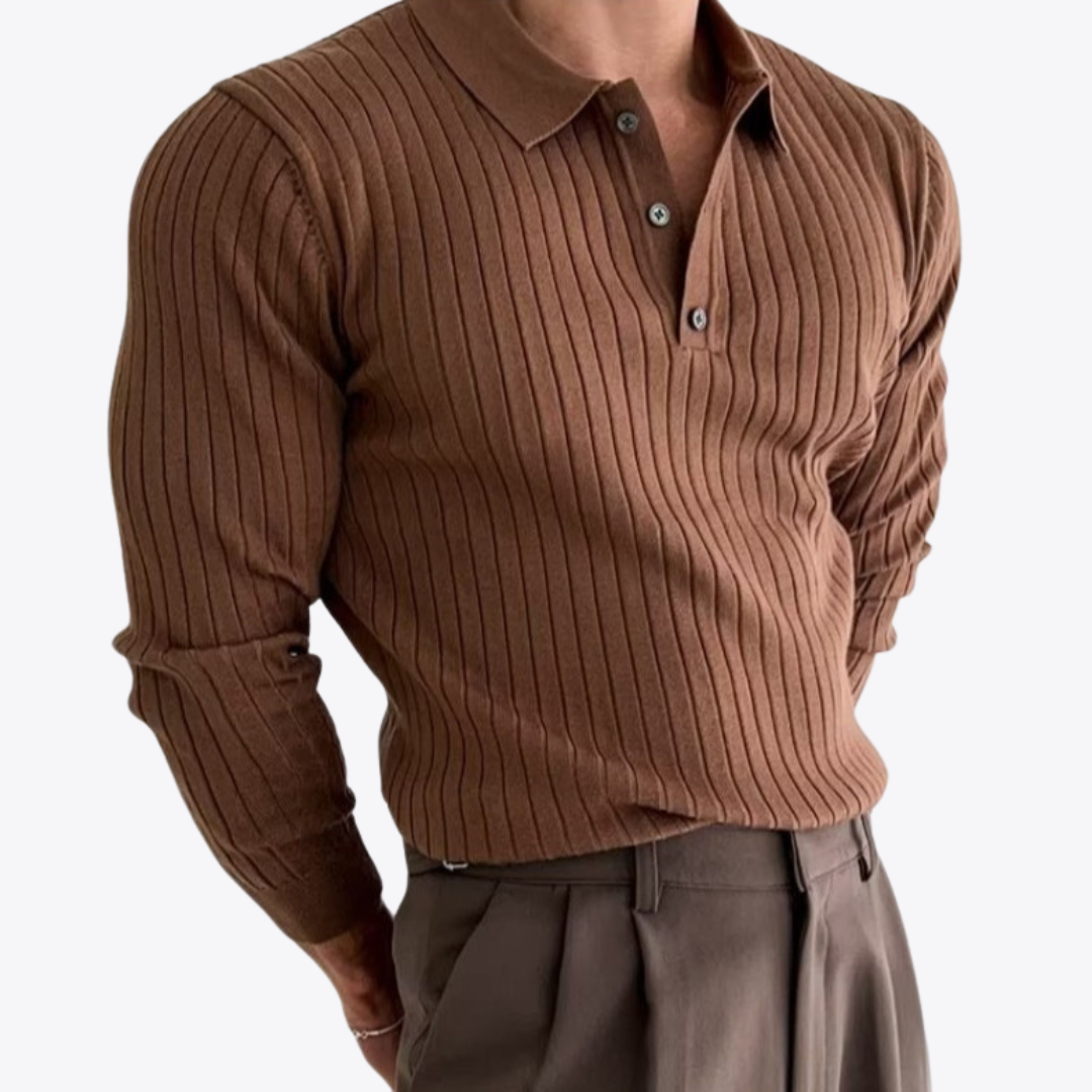 Men's Ribbed Polo Sweater, Long Sleeves, Button Placket