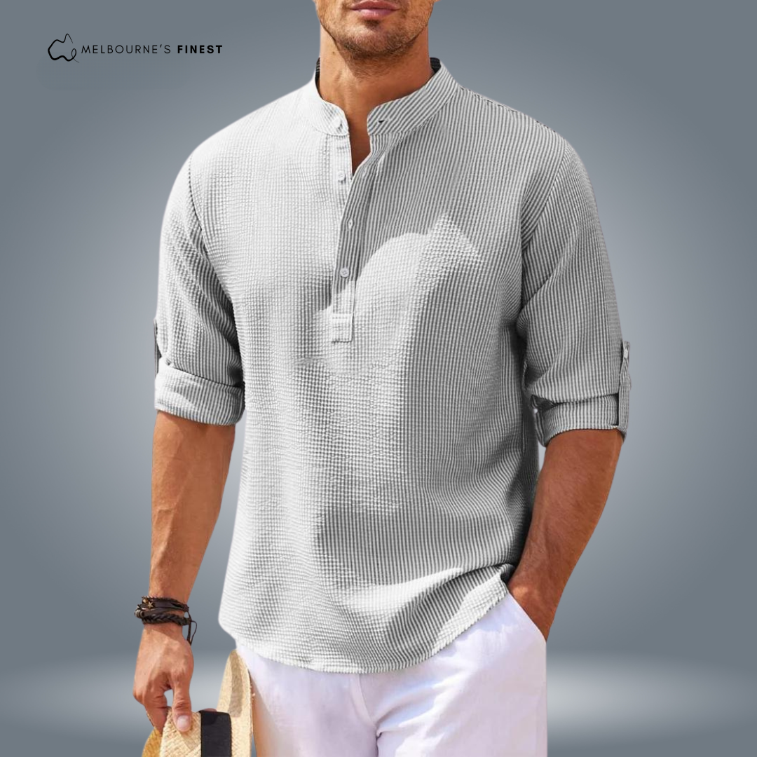 Men's Textured Mandarin Collar Shirt, Button Placket, Long Sleeves