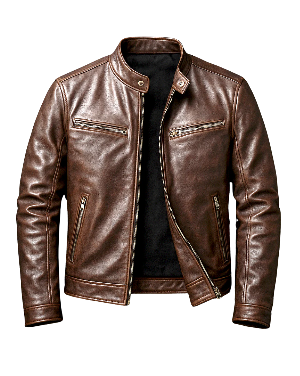 Men's Leather Jacket, Biker Style, Zip Front, Long Sleeves