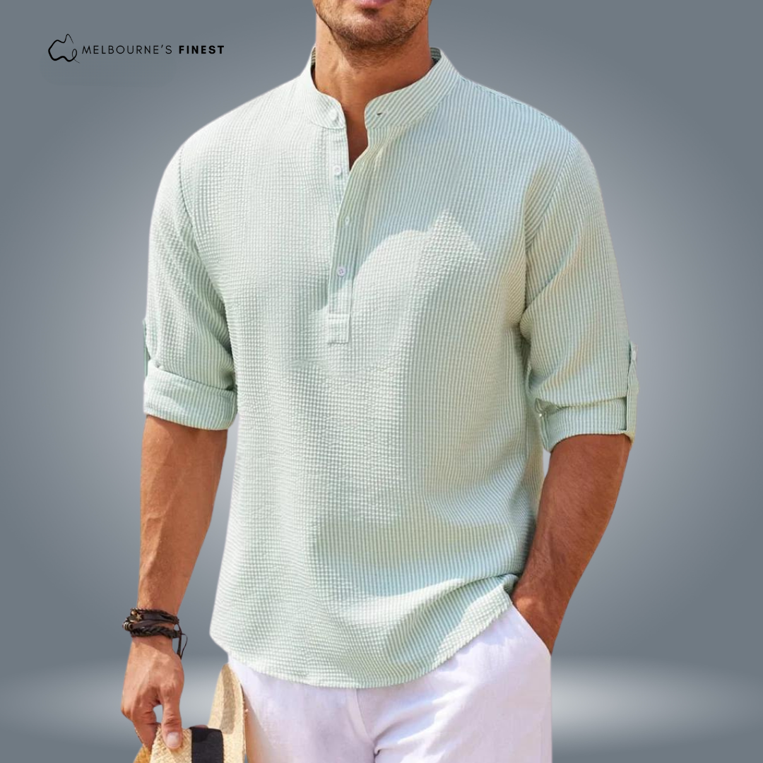 Men's Textured Mandarin Collar Shirt, Button Placket, Long Sleeves