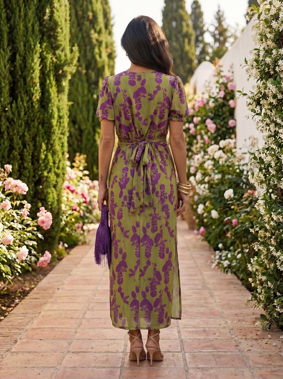Long Silk Dress with Botanical Design in Olive and Purple