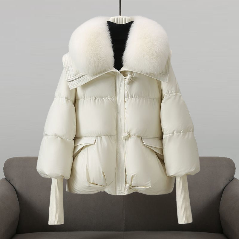 Valentina | Womens Long Puffer Jacket with Fur Collar | Extra-Long Sleeves, Silk Cotton Filling | Black, White or Brown S-XXL