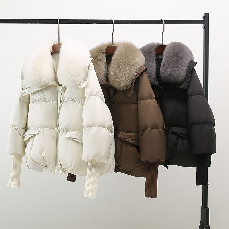Valentina | Womens Long Puffer Jacket with Fur Collar | Extra-Long Sleeves, Silk Cotton Filling | Black, White or Brown S-XXL