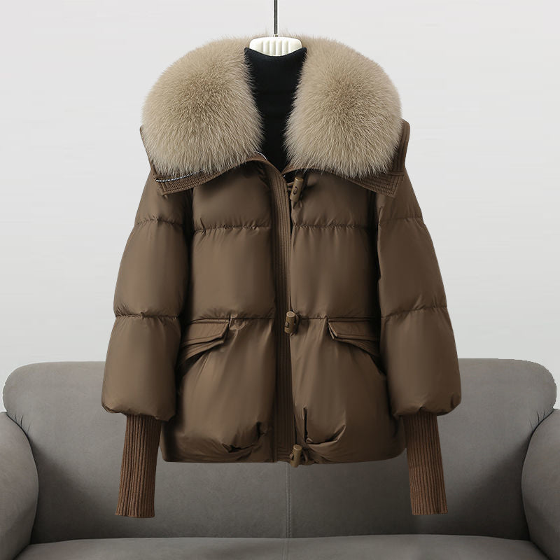 Valentina | Womens Long Puffer Jacket with Fur Collar | Extra-Long Sleeves, Silk Cotton Filling | Black, White or Brown S-XXL