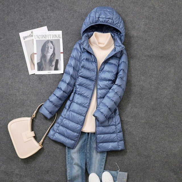 Women's Hooded Longline Puffer Coat, Full Length, Zip Front