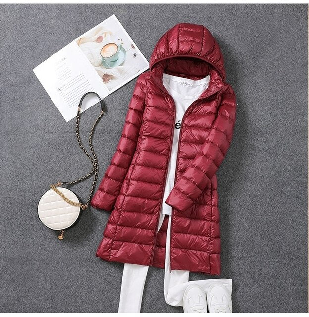 Women's Hooded Longline Puffer Coat, Full Length, Zip Front