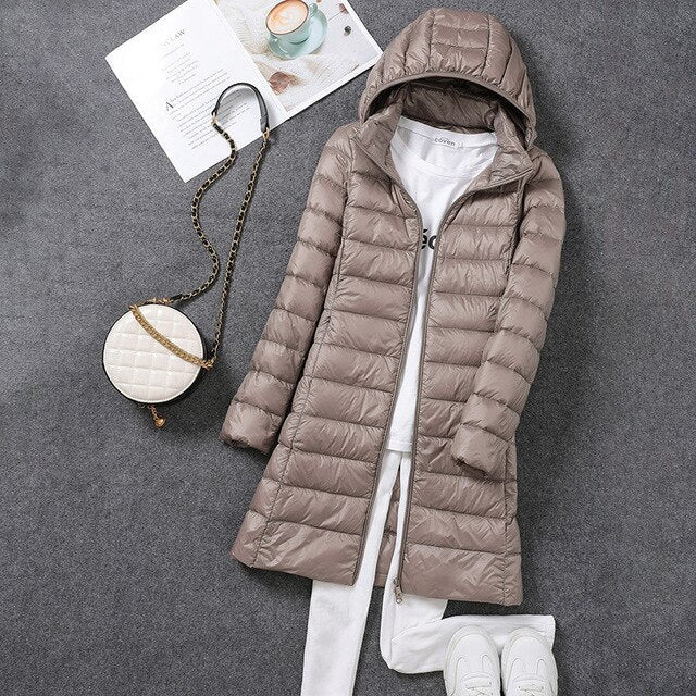 Women's Hooded Longline Puffer Coat, Full Length, Zip Front