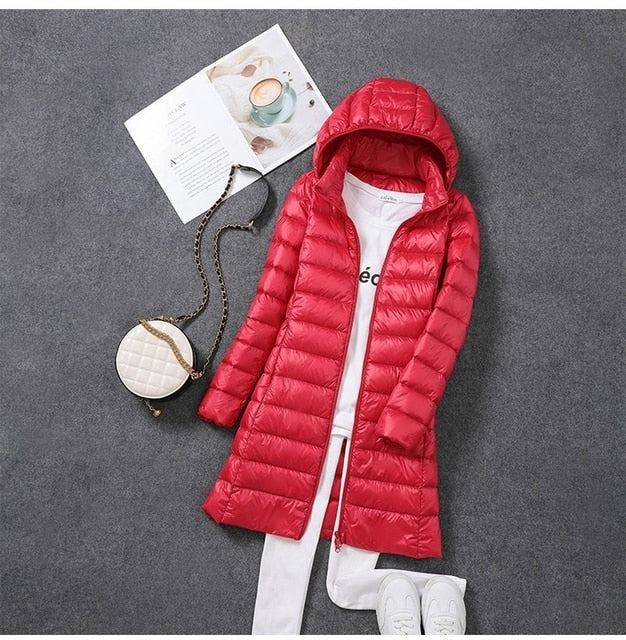 Women's Hooded Longline Puffer Coat, Full Length, Zip Front