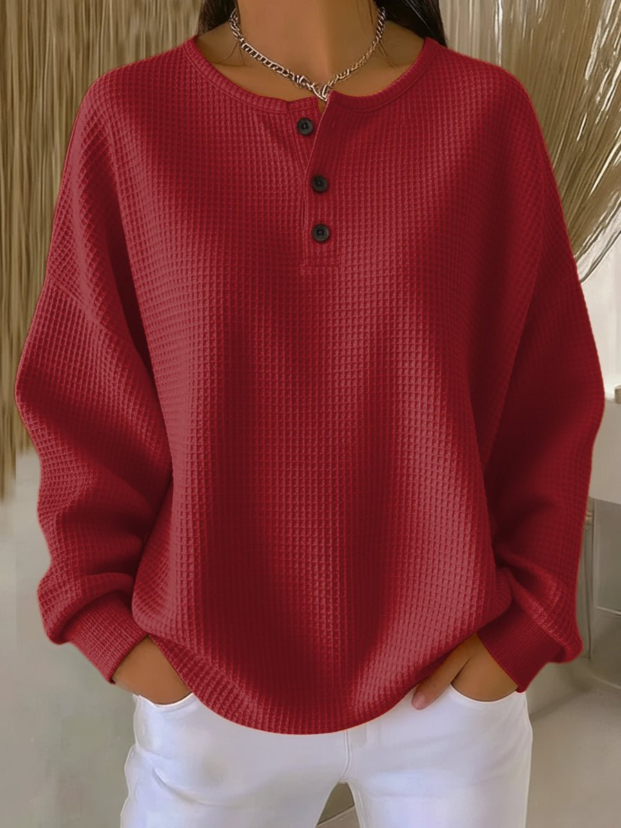 Dana | Womens Waffle Knit Henley Sweatshirt | Button Placket, Drop Shoulders | Orange, White, Red and More S-3XL