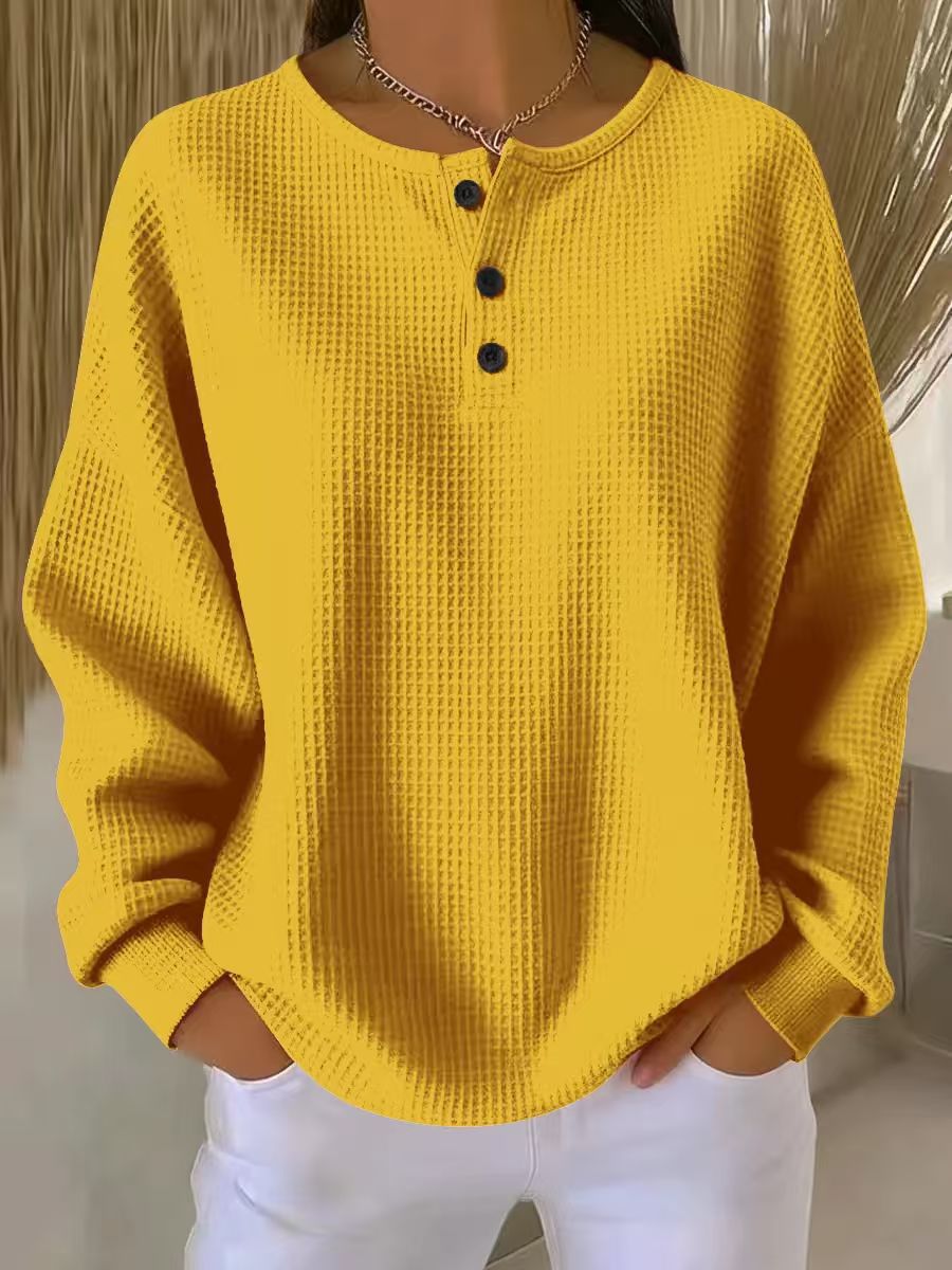 Dana | Womens Waffle Knit Henley Sweatshirt | Button Placket, Drop Shoulders | Orange, White, Red and More S-3XL