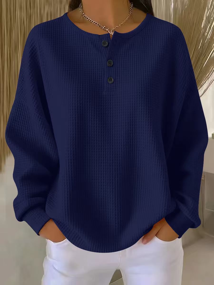 Dana | Womens Waffle Knit Henley Sweatshirt | Button Placket, Drop Shoulders | Orange, White, Red and More S-3XL