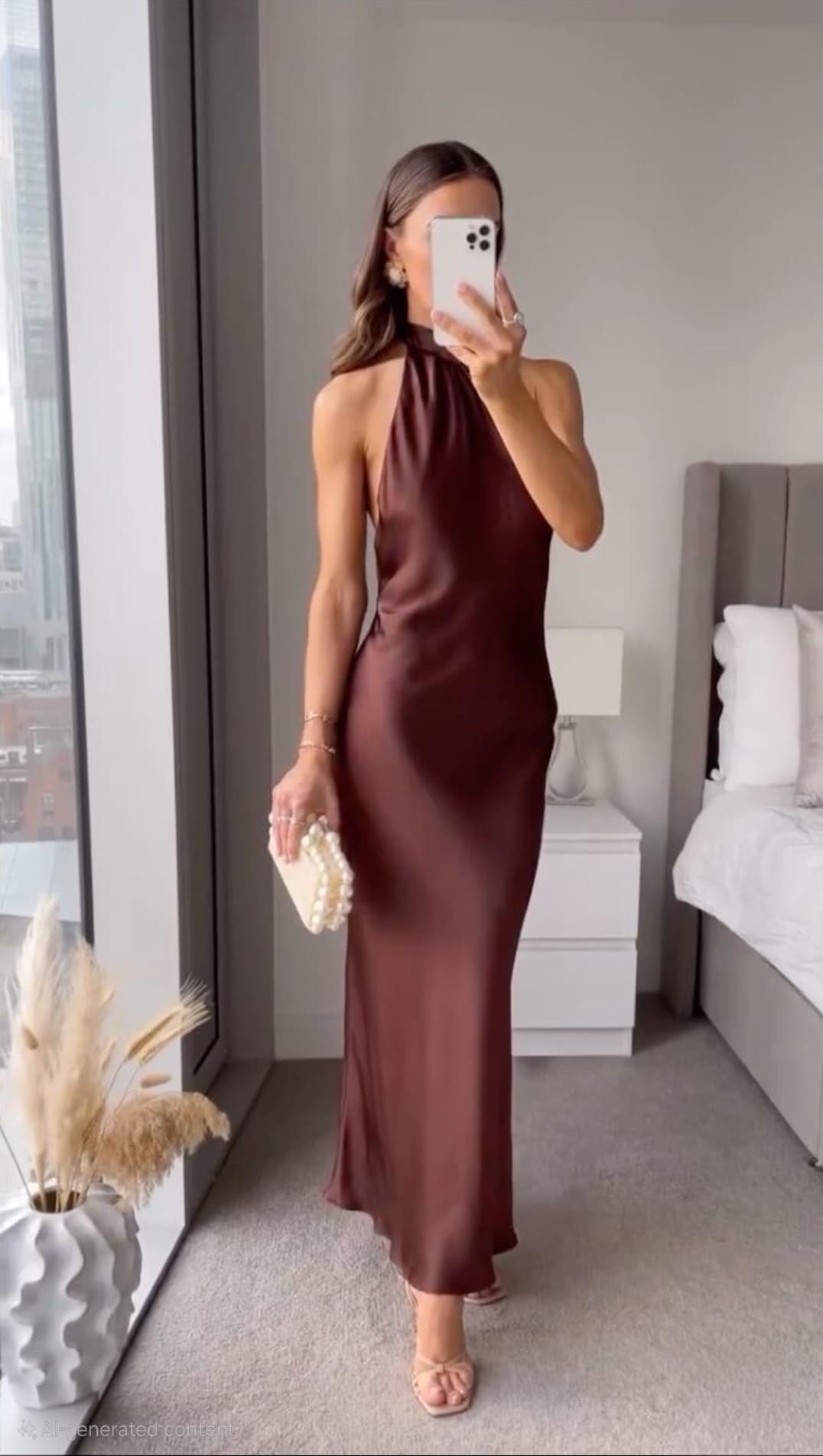 Women's Brown Halter Maxi Dress, Sleeveless, Slim Fit