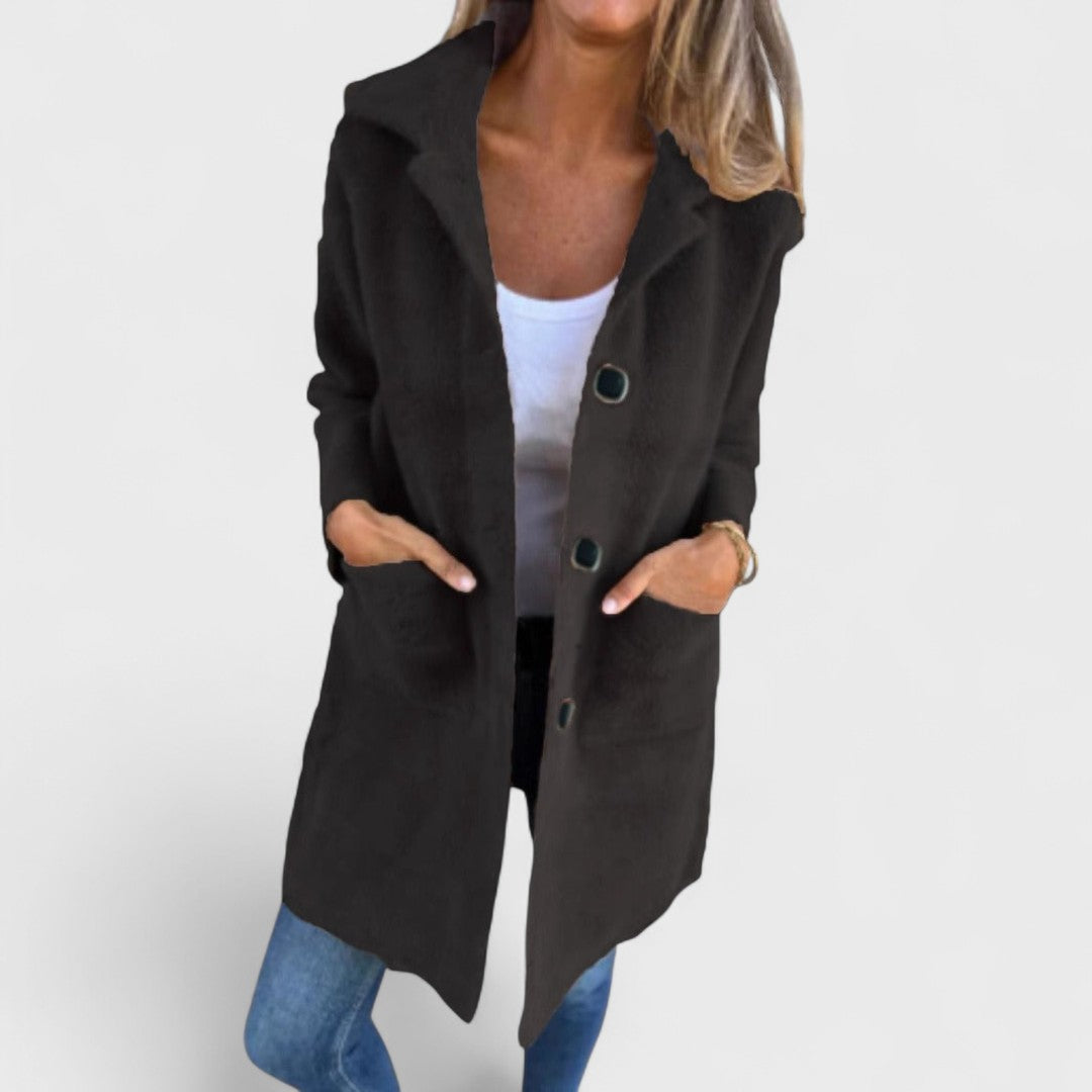 Women's Longline Button Coat, Notched Lapels, Front Pockets