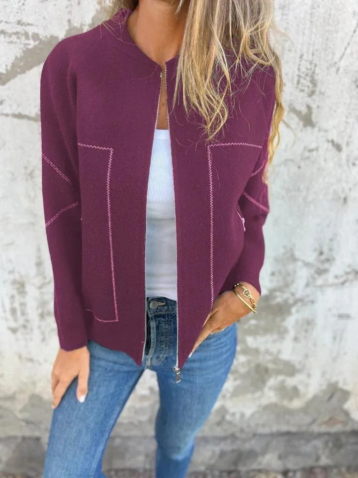 Women's Knit Bomber Cardigan, Zip Front, Long Sleeves