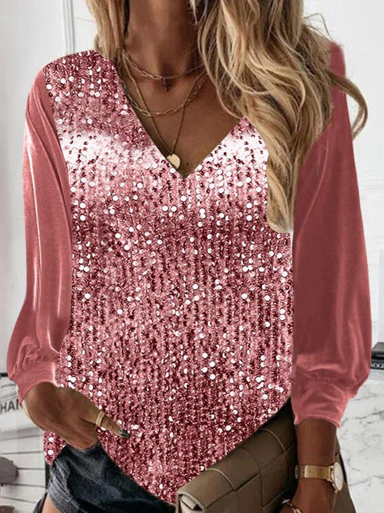 Women's Sequin Top with V Neckline and Contrast Long Sleeves | Pointed Hem, Relaxed Cut | Sizes S to 3XL, 3 Colors