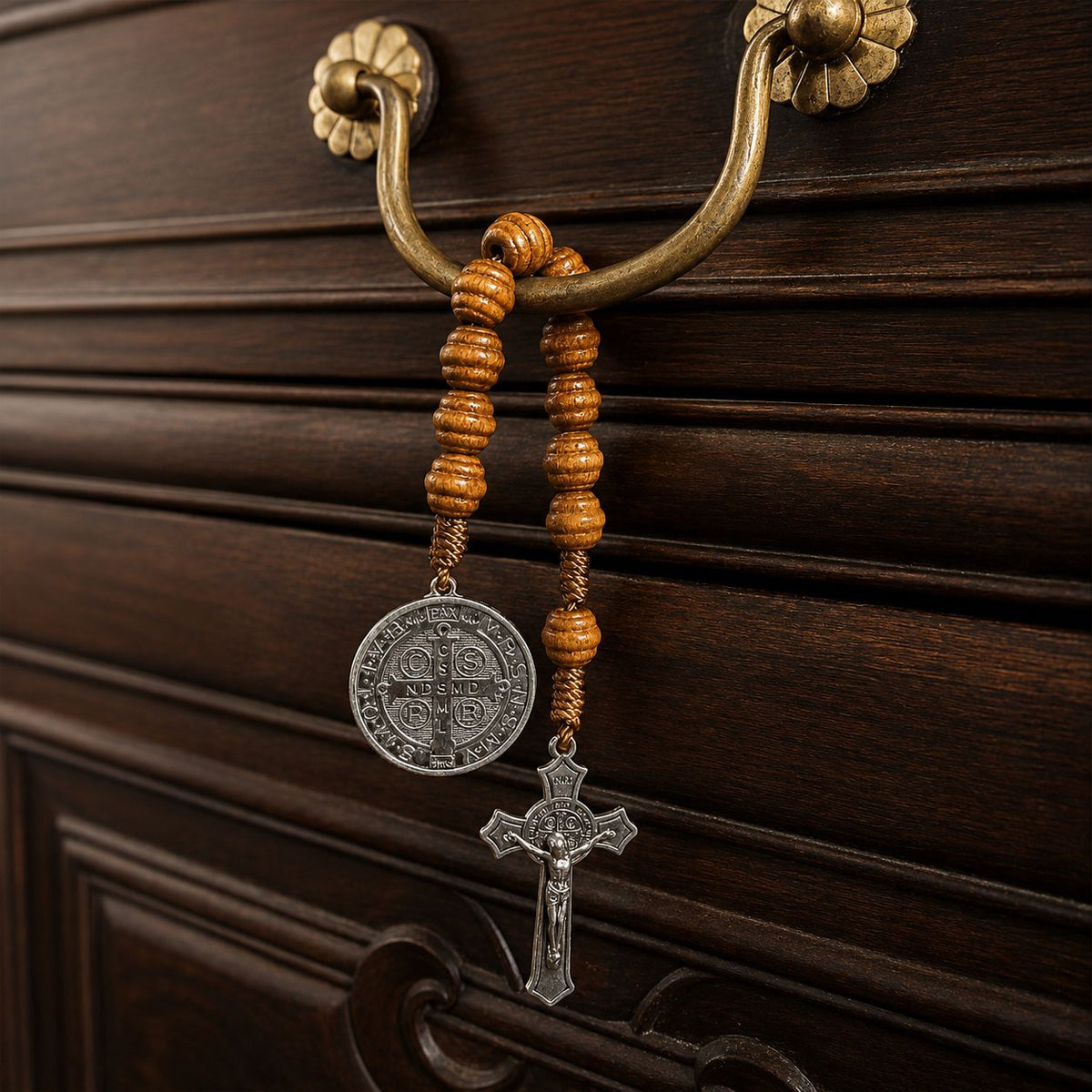 Saint Benedict | Natural Wood Pocket Rosary