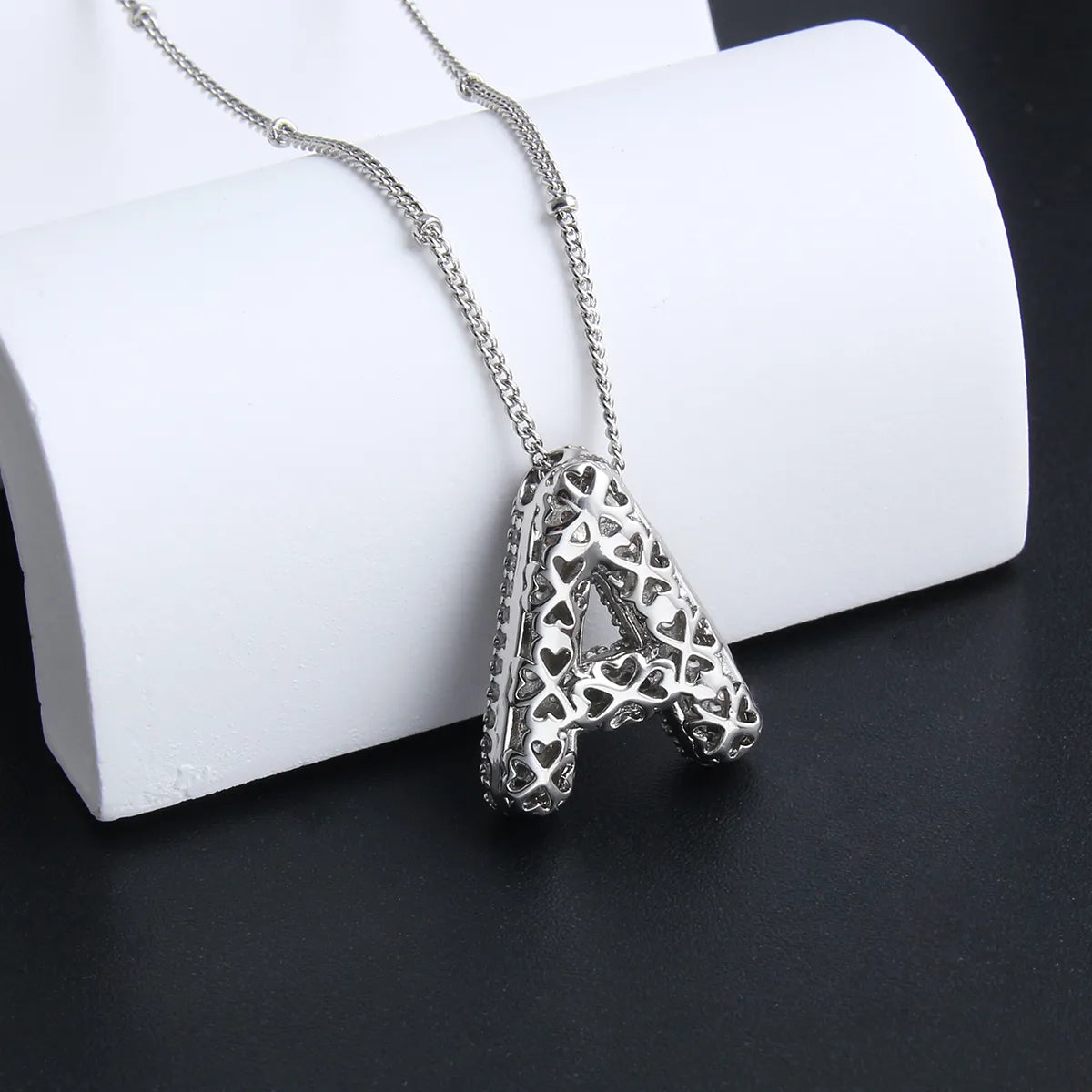 Initial Necklace Set White Gold - Personalized Bubble Letter Pendant