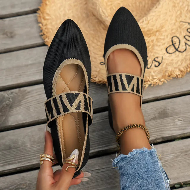 Women's Pointed-Toe Mary Jane Flats with Elastic Strap