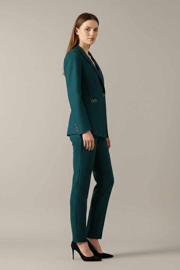 Monica | Womens One-Button Blazer Suit Set with Straight Pants | Matching Two-Piece | Black, Blue, Purple or Teal XS-3XL