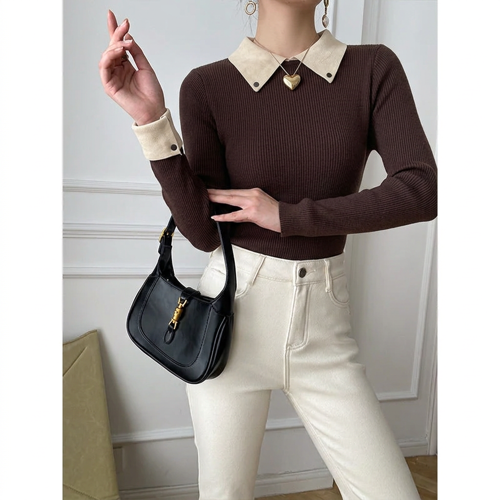 Women's Collared Turtleneck Sweater Ribbed Knit Top