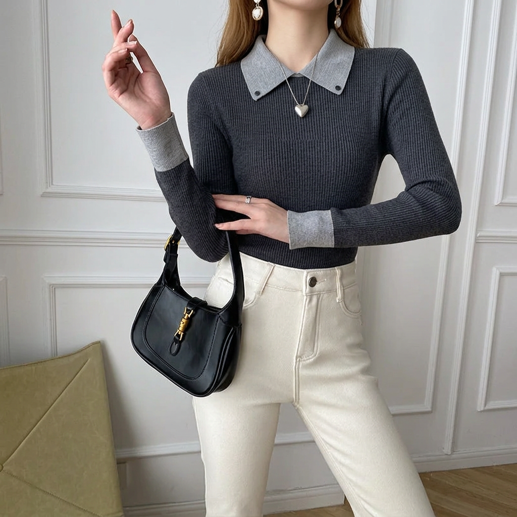 Women's Collared Turtleneck Sweater Ribbed Knit Top
